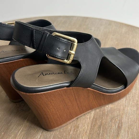 American Eagle Open Toe Faux Wood Wedge Buckle Platform Sandals Black Size 9.5 - Picture 7 of 16